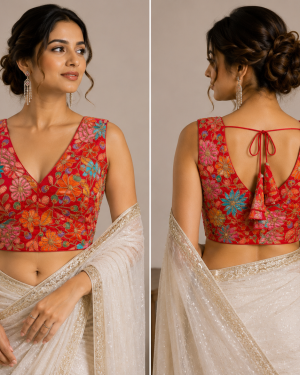 Scarlet Blossom Tie-Back Blouse