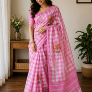 Soft Pink Blossom Checks Linen Saree