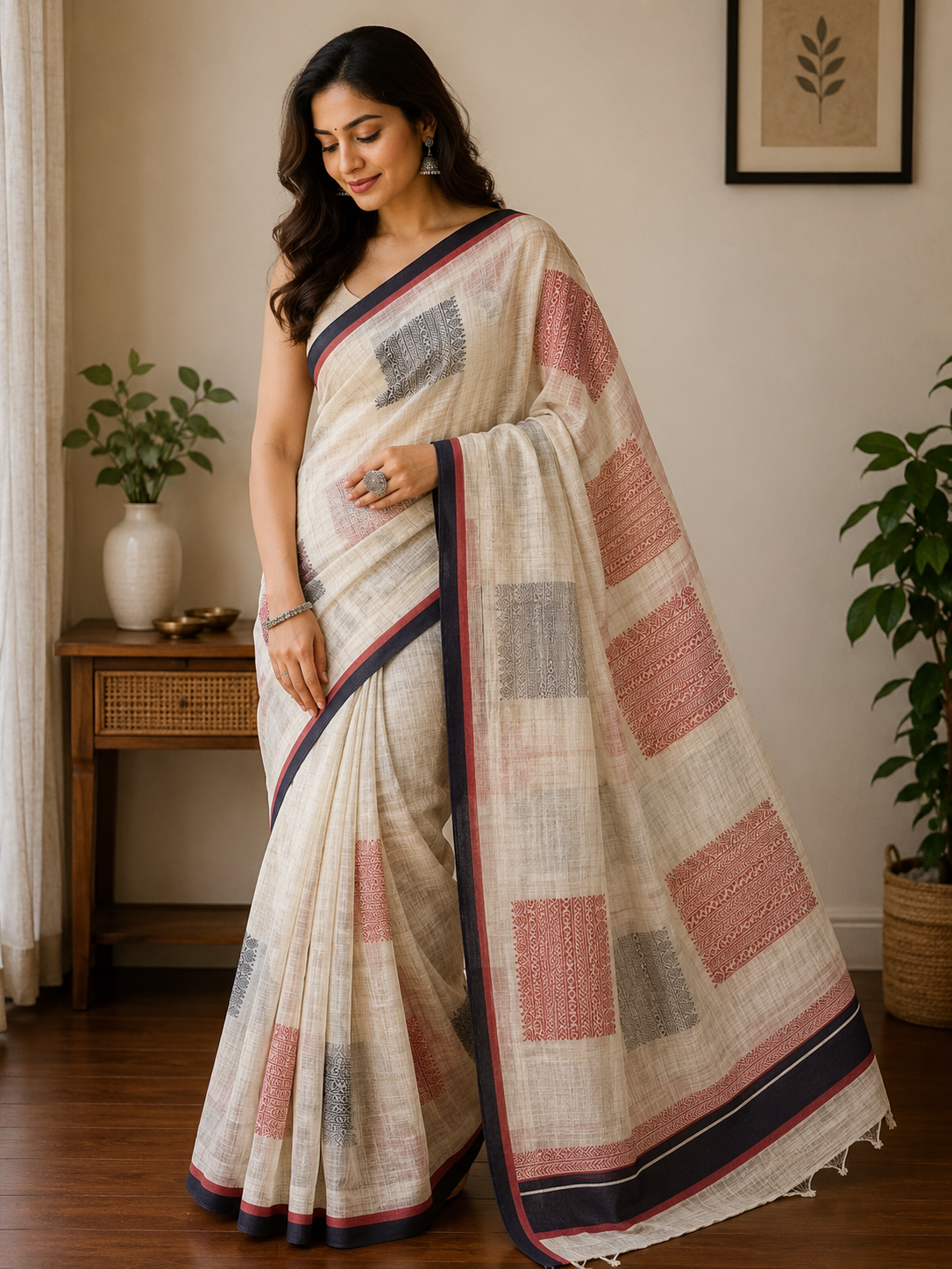 Ivory Heritage Linen Saree