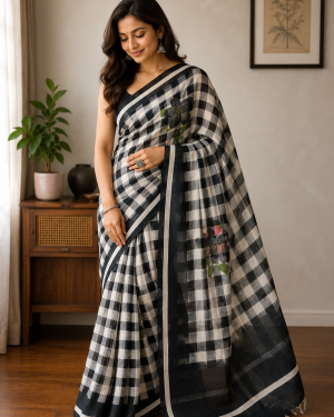 Midnight Bloom Checks Linen Saree