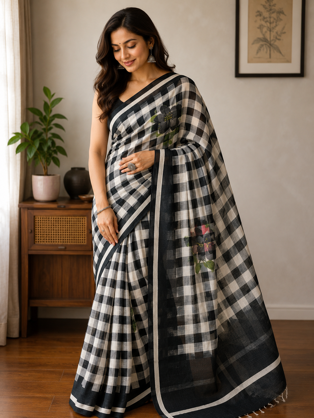 Midnight Bloom Checks Linen Saree