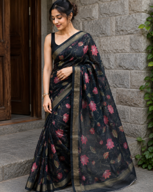 Midnight Lotus Linen Saree