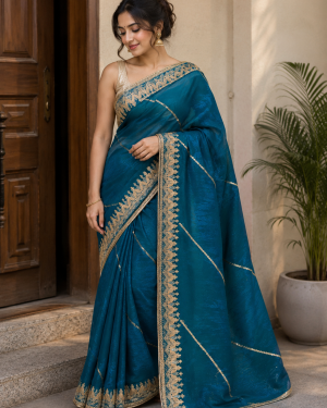 Teal Royale jimmy choo satin saree