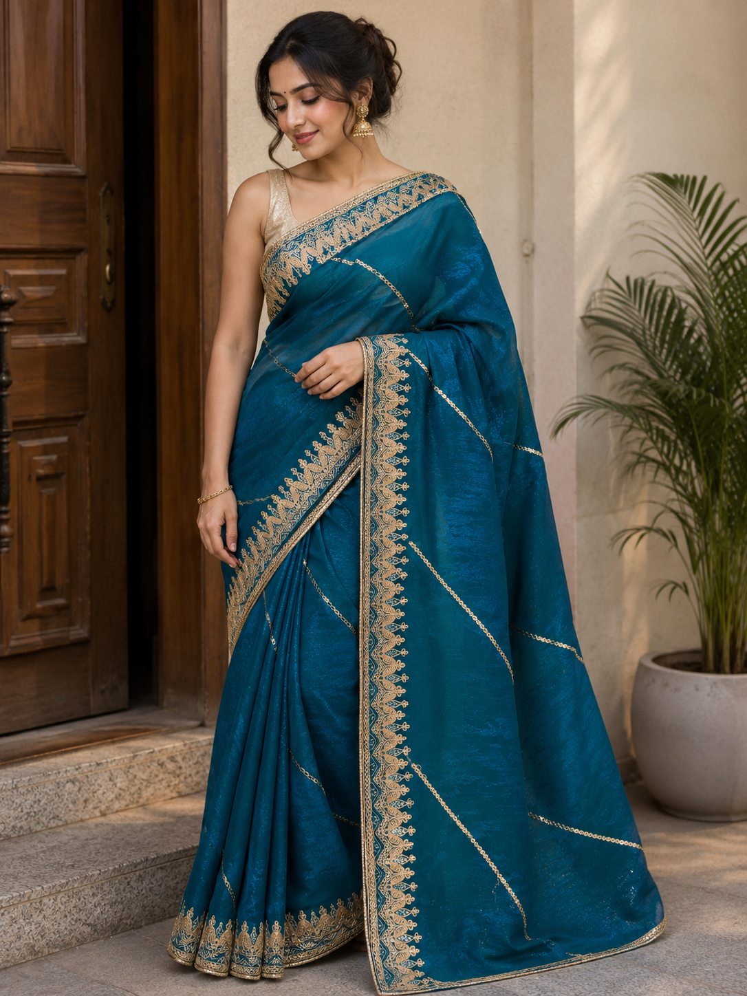 Radiant scarlet shimmer saree