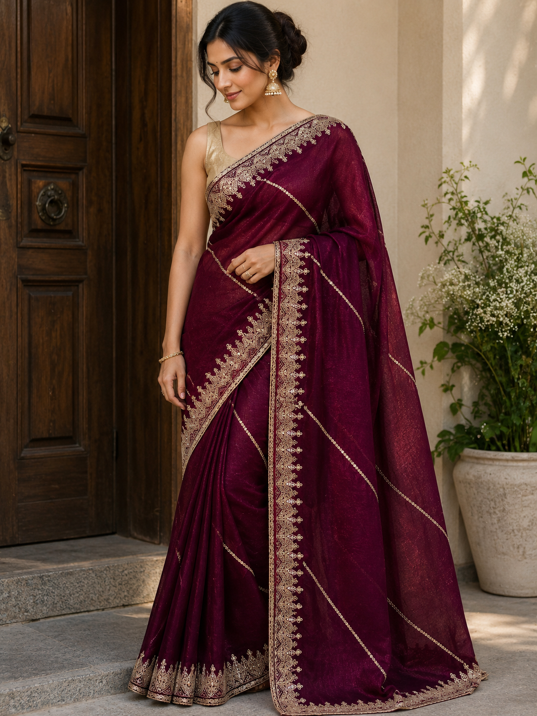 Radiant scarlet shimmer saree