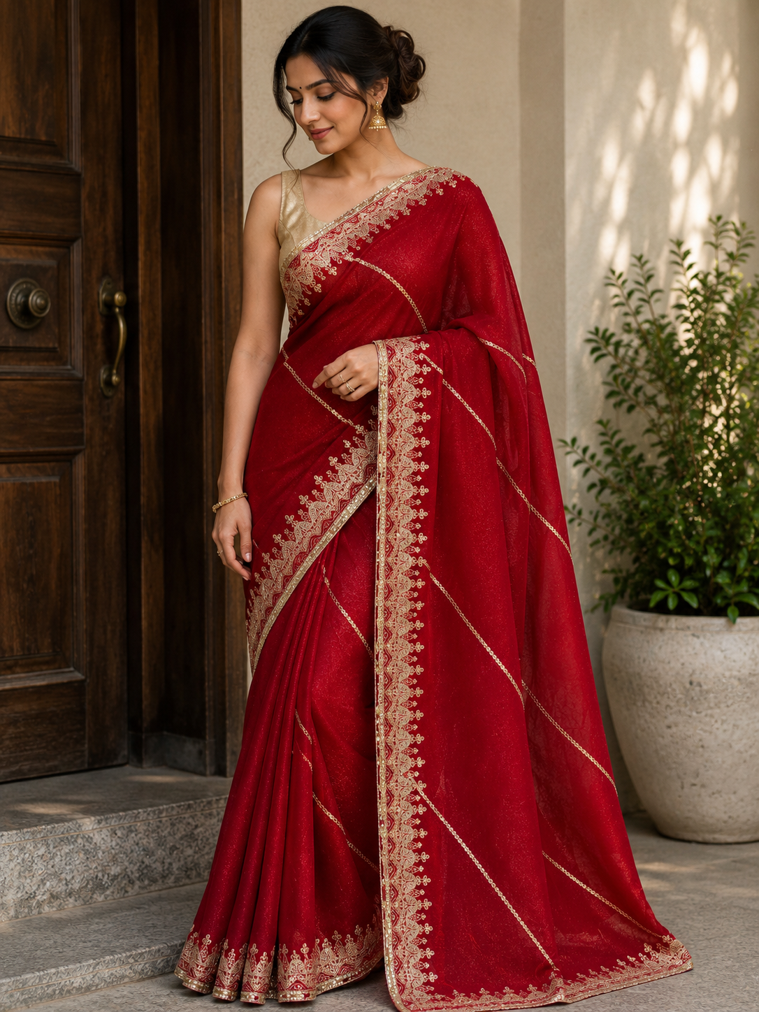 Radiant scarlet shimmer saree