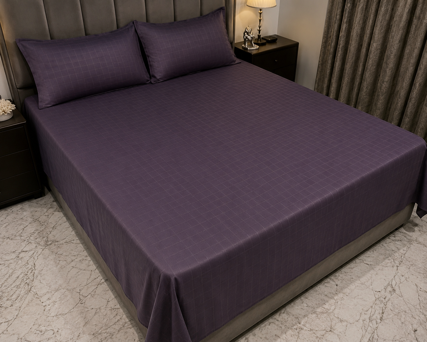 Royal Plum Grid Double Bedsheet Set