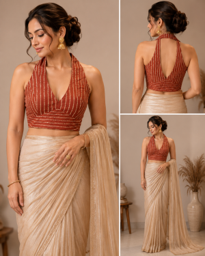 Rust Radiance Halter  Cotton Blouse