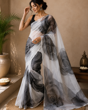 Monochrome Blossom Saree