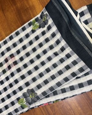 Midnight Bloom Checks Linen Saree