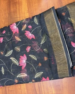 Midnight Lotus Linen Saree