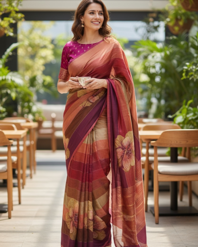 Autumn Bloom Soft Shimmer Saree