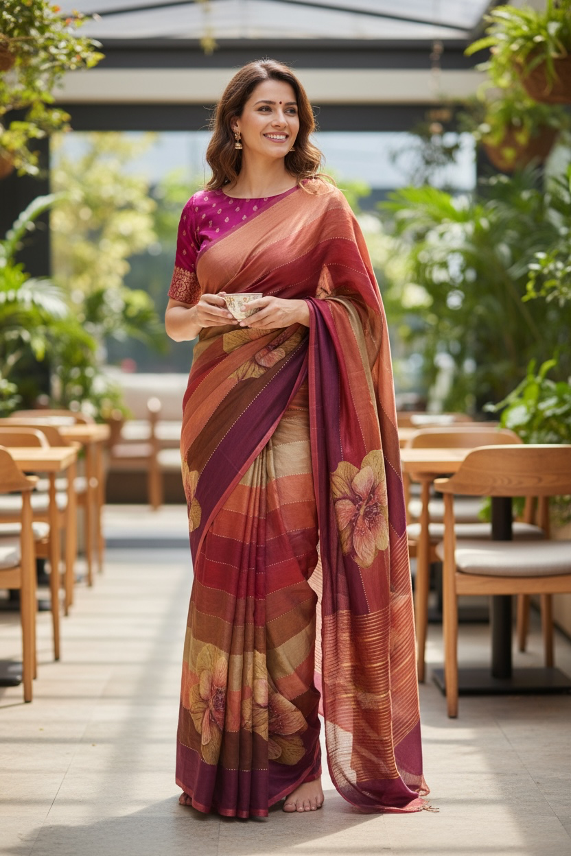 Autumn Bloom Soft Shimmer Saree